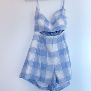 Lovers and friends linen plaid white and blue romper tie back